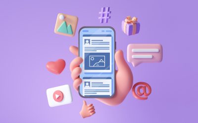 3D Online Social media communication platform concept. Hand holding phone with emoji, comment, love, like and play icons. 3d render illustration